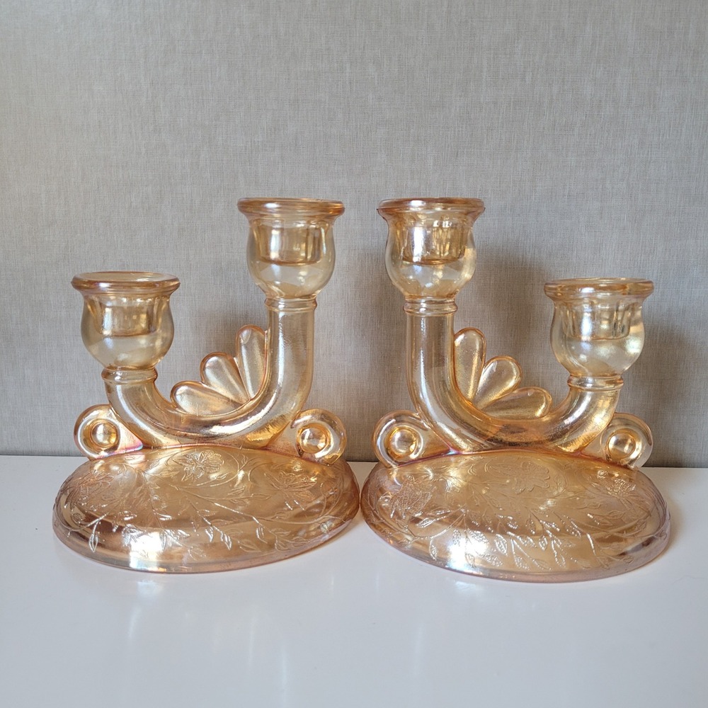 Jeannette Glass Iris Herringbone Double Candelabra Marigold Carnival Glass Set